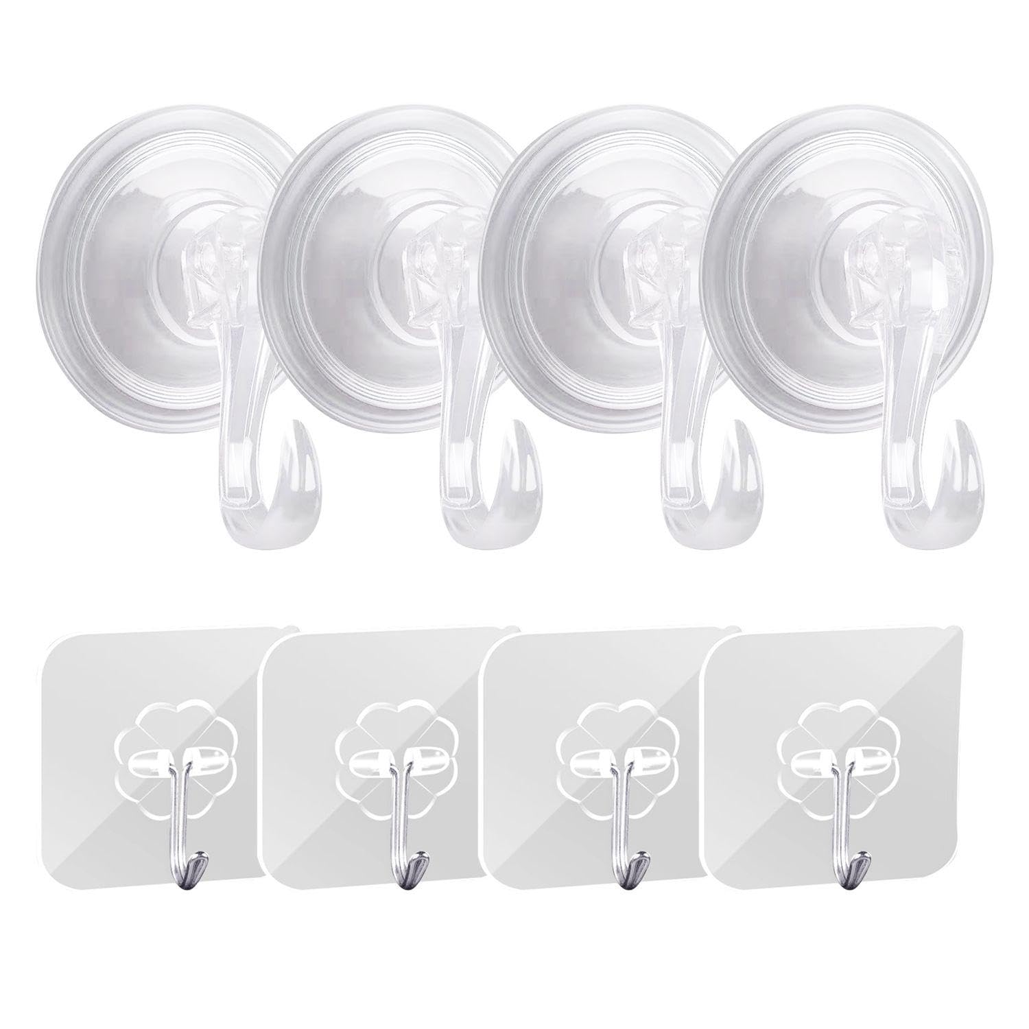 Vehyegoi Transparent 4 Pieces Of Suction Cup Hooks And 4 Pieces Of Hooks, No Punching Hooks, Clothing Hooks, Towel Hooks, Kitchenware Hooks
