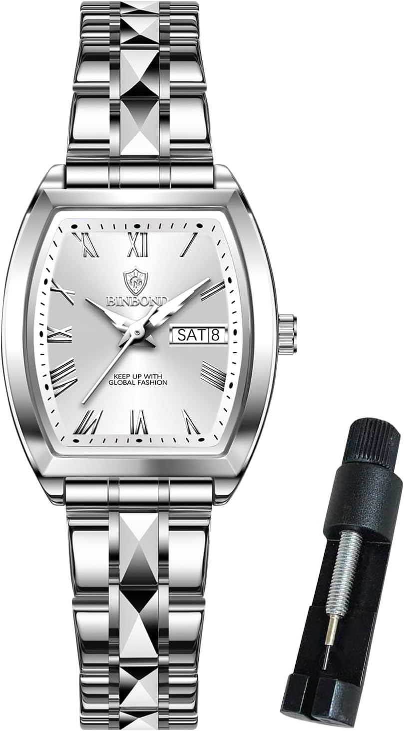 BINBOND Square Womens Watch Fashion Luxury Elegant Dress Stainless Steel Ladies Wrist Watches for Female Day Date Waterproof Luminous