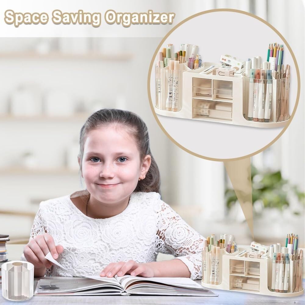 Stifteköcher Stifte Halter Schreibtisch-Organizer Mit 2 Drehbaren Stifthaltern, Bleistiftaufbewahrungszubehör Und 3 Schubladen Schreibtisch-Organizer(Pink)