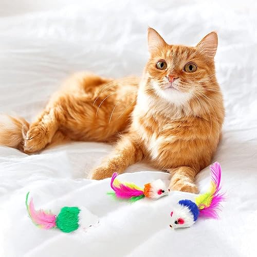 Miniatura 2 de pawstrip Juguetes de ratón para gatos, 12 unidades, ratones de sonajero para gatos de interior, plumas peludas, ratón falso, juego interactivo,