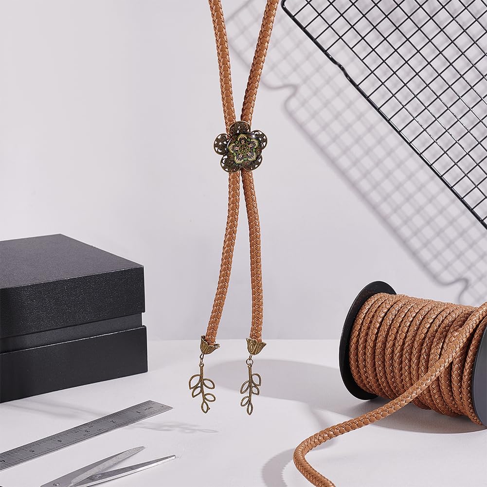 PH PandaHall 10.9 Yards Round Braided Imitation Leather Cord, 8mm Braided Leather String Rope Strap for Bolo Tie Necklace Jewelry Making Bag Strap Knotting, Light Brown