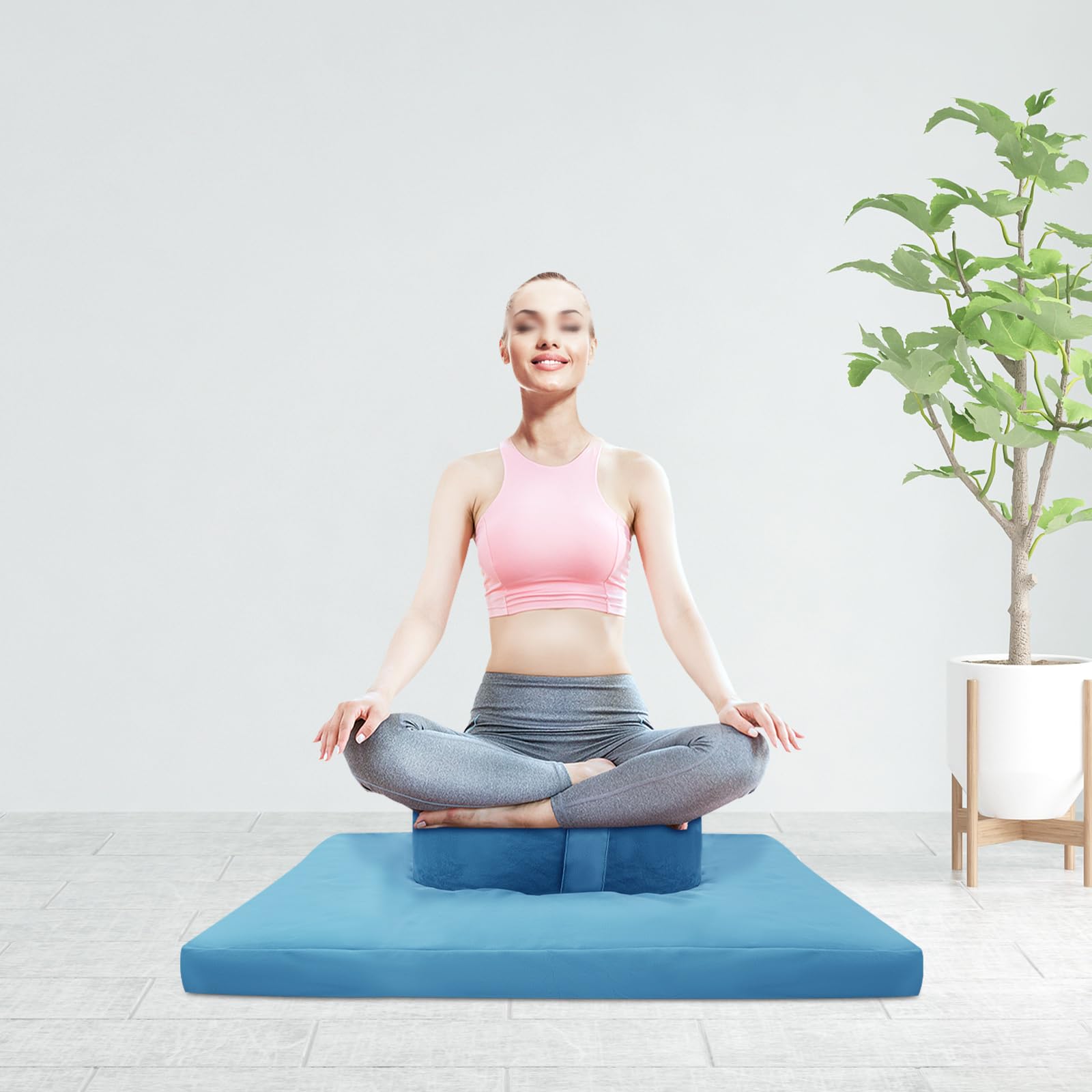 Set di cuscini da meditazione, rotondi e quadrati, con rivestimento in cotone e velluto, per meditazione, yoga, per interni ed esterni (40 cm e 80 x 80 cm) (blu)