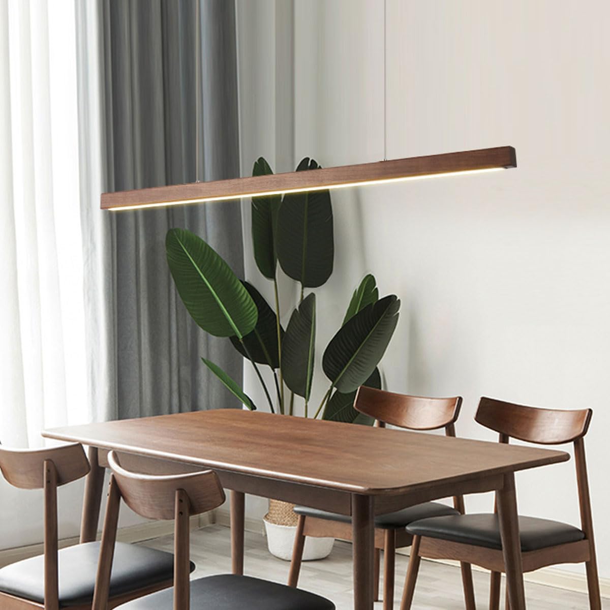 Moderne Hängelampe Holz Esszimmerlampe LED Pendelleuchte esstisch Dimmbar Linear Design hängeleuchte mit Fernbedienung Esstischlampe hängend höhenverstellbar für Esszimmer (Nussbaumholz, L80cm)