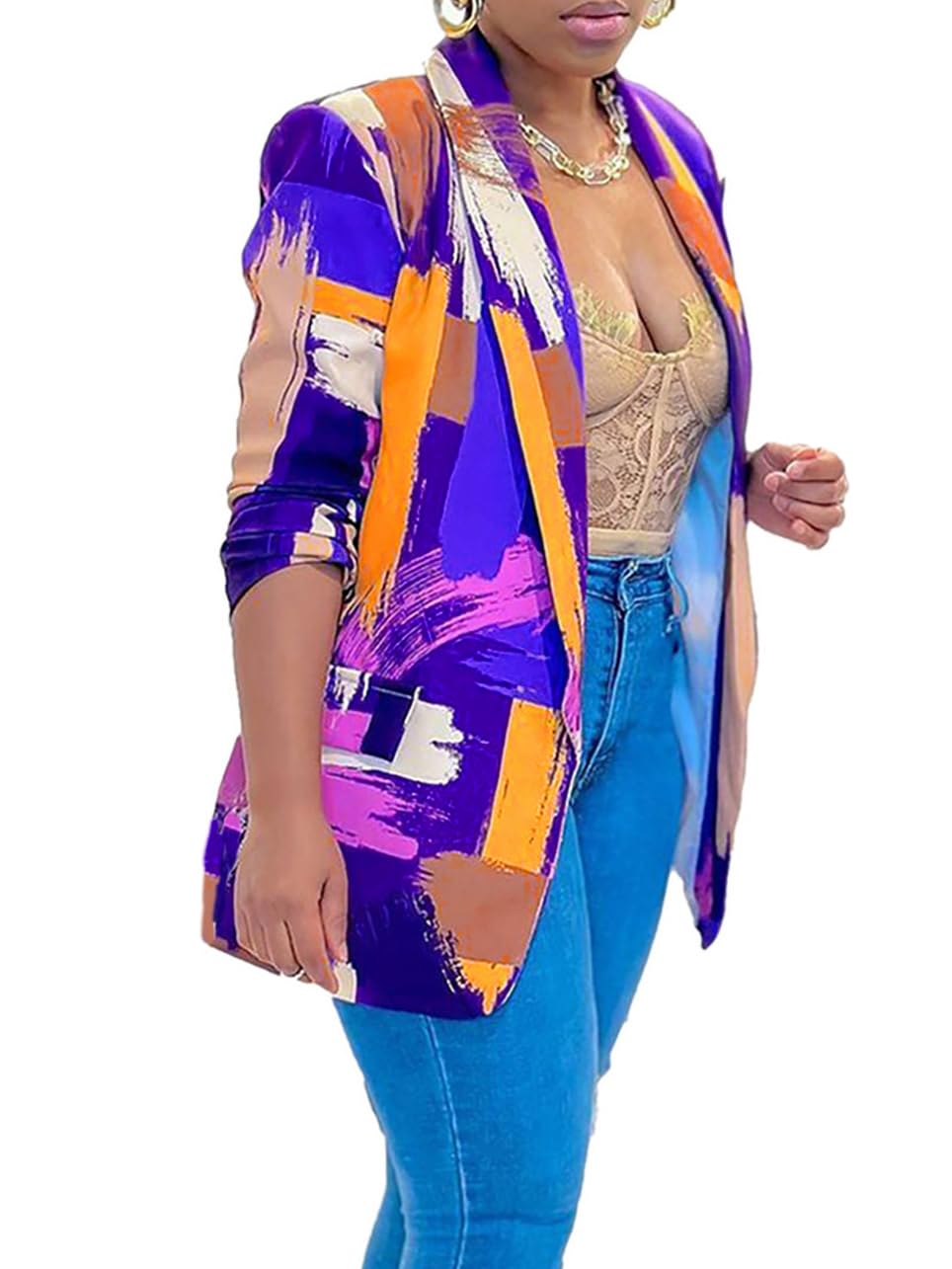 Plus Size Blazers for Curvy Women Sexy Trendy Colorful Oversize Graphic Open Front Jackets