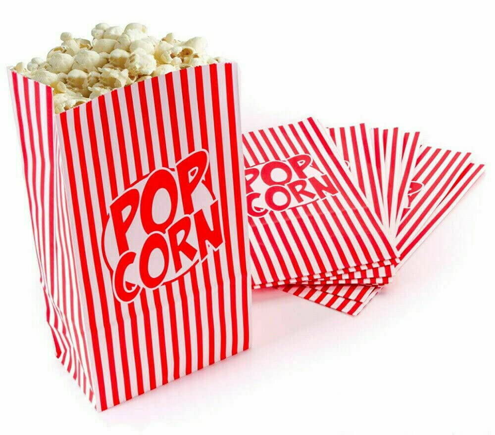 Pack of 8 - Popcorn Bags - Ideal for Movie Night Home Cinema Birthday Party Paper Bag for Pop Corn & Crisps Striped Printed - Perfect for Popcorn, Sweets, and Snacks