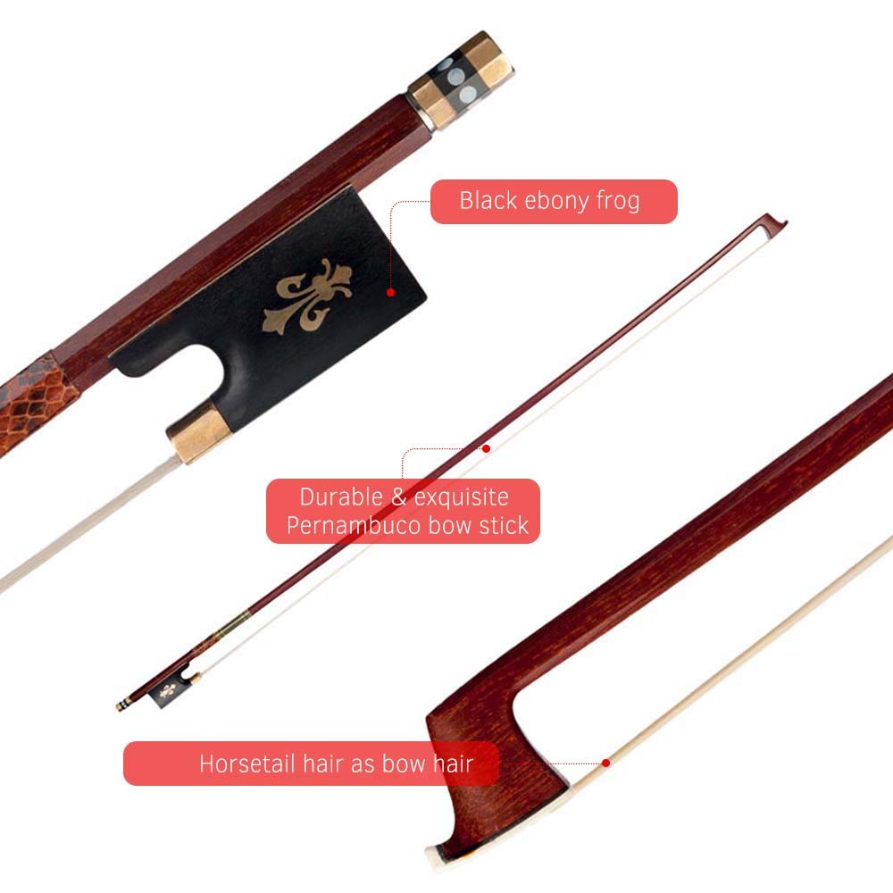 per Violino Pernambuco,Archetto per Violino (Pernambuco Bow Stick Black Ebony Frog And Horsetail Bow Hair) per Violino 4/4 Full Size