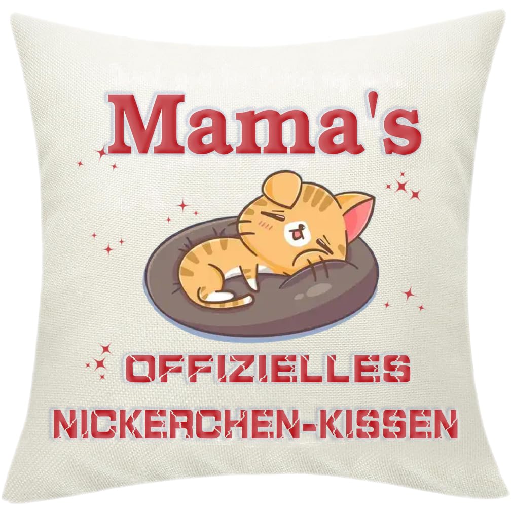 Mama's Official Nap Pillow, Decorative Cat Motif Cushion Cover, 45 x 45 cm, Double Sided Printed Linen Pillowcase, Birthday Gift for Mum