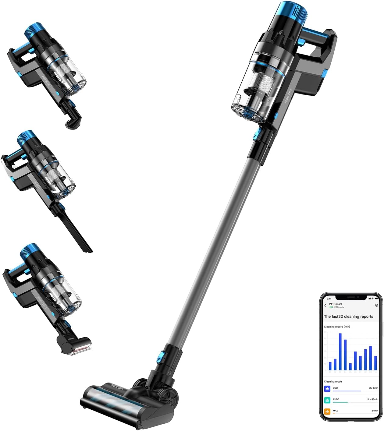 Proscenic P11 Smart Battery Vacuum Cleaner, 4-in-1 Vacuum Cleaner Wireless, 450W/30KPa Suction Power, Up to 60 Minutes Runtime, Pet Hair Brush Set, Smart App Display, 180° Adjustable
