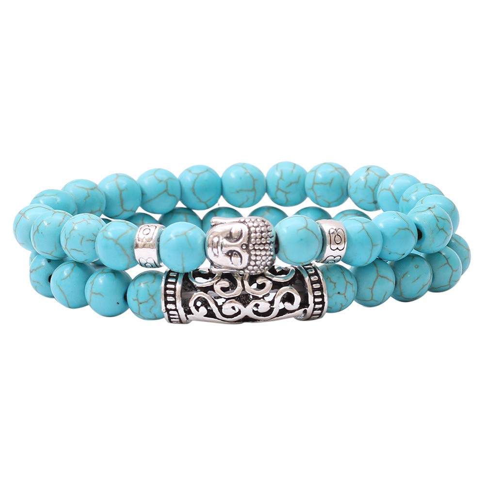 Fxbar Natural Stone Beaded Bracelets Couple Fashion Multi-Layer Natural Gemstone Beaded Buddha Statue Prayer Beads Stress Relief