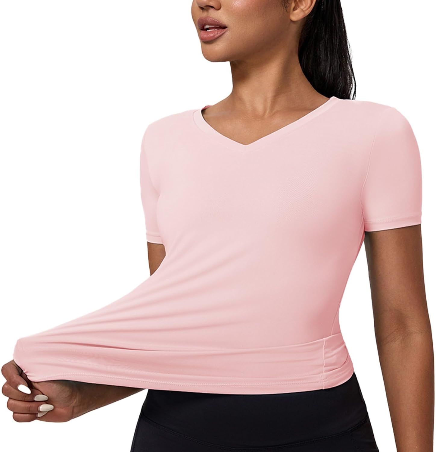 Women's Compression Short Sleeve V Neck Sun Protection Shirt Workout Basic Yoga Gym Tops Moisture Wicking T-Shirts - Image 3