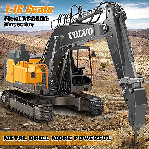 Image of Double E Volvo 1:16 Scale Remote Control Excavator, 17 Channel 3-in-1 Construction Toy with Metal Shovel, Drill, Grab & Lights, 2.4GHz Full Function Digger for Outdoor Sandbox, Gift for Kids & Adults
