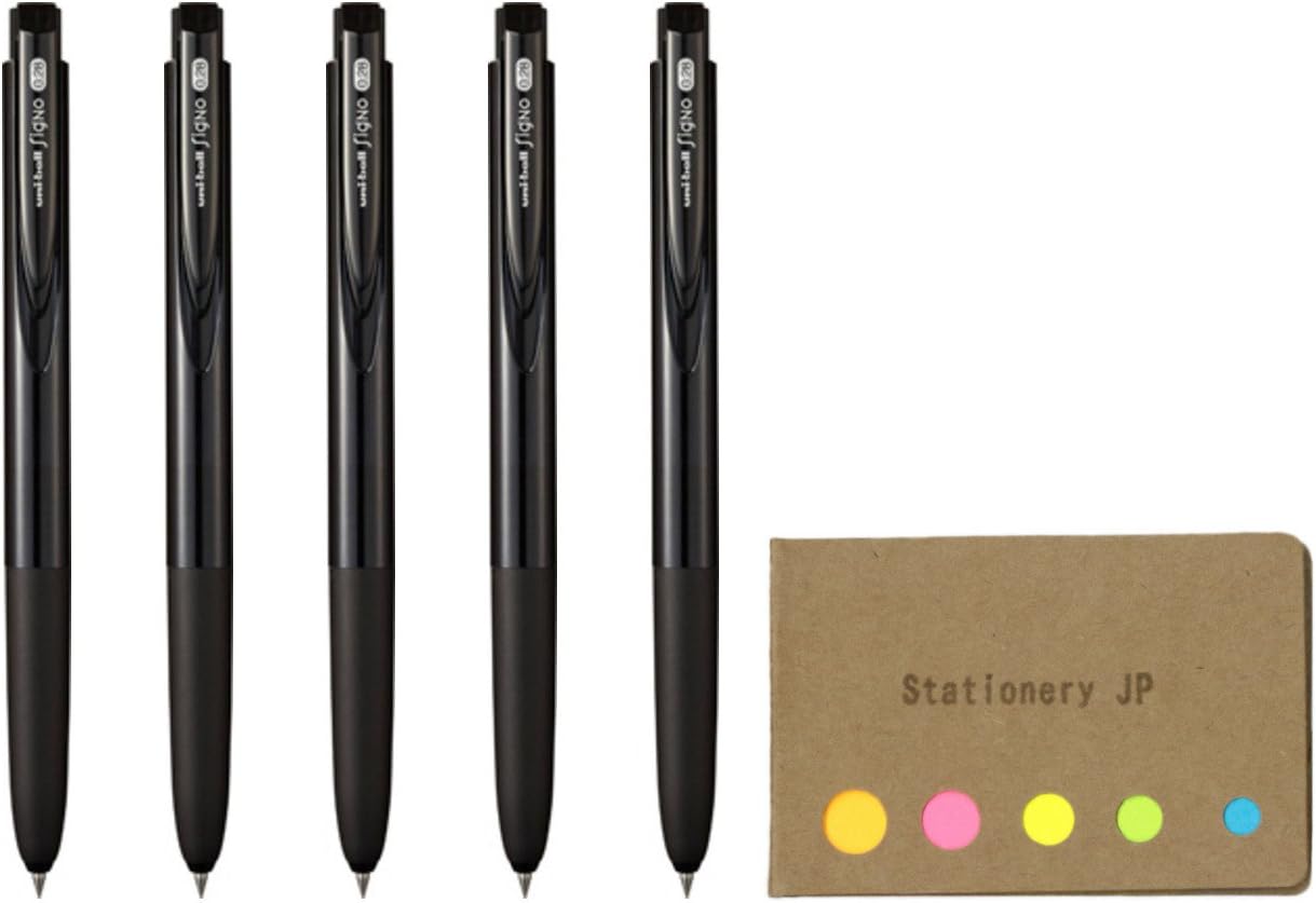 Signo RT1 Retractable Gel Ink Pen, Ultra Micro Point 0.28mm, Rubber Grip, Black Ink, 5-Pack, Sticky notes Value Set
