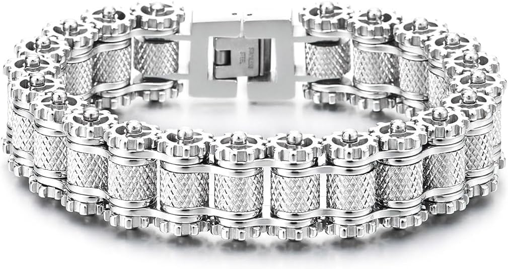Men's Stainless Steel Gear Link Chain Bracelet Industrial Motorcycle Design Gift for Him Biker