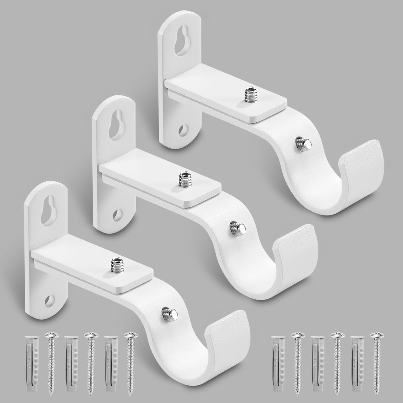 AMZSEVEN Adjustable Curtain Rod Brackets, Metal Window Drapery Rod Hanger Holders Hooks for 1 inch Rods (White, Set of 3)