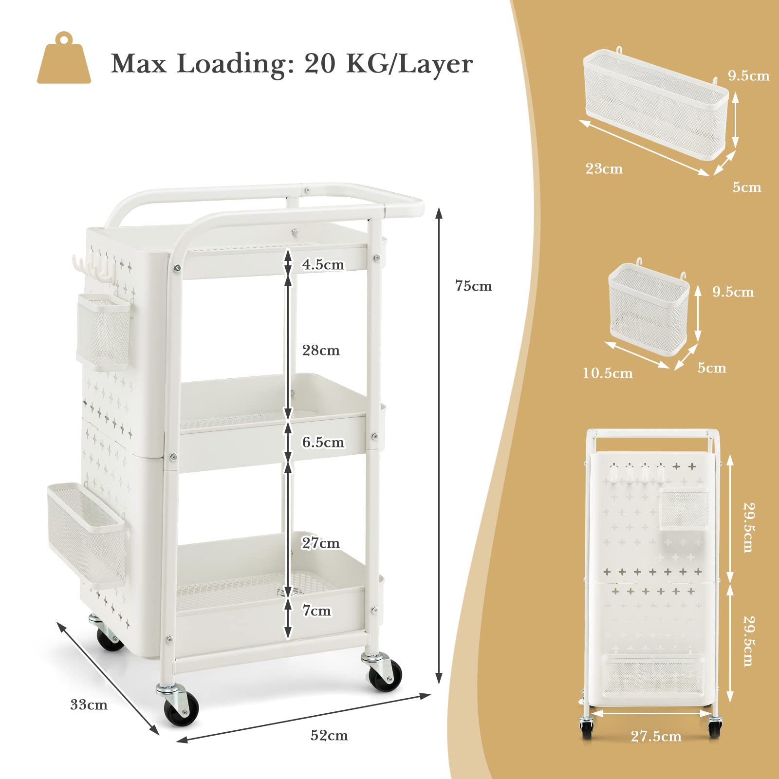 Giantex Carrello Mobile in Metallo a 3 Livelli, Carrello con Bordo di Pin, Cestini di Stoccaggio, Ganci, Carrello di Servizio con 4 Ruote, per Cucina, Bagno, Ufficio, 52x33x75cm
