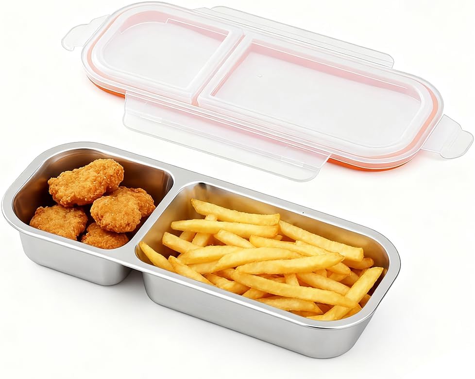 Supvox® Food Container 700ml, Two-Compartment Stainless Steel Condiments Storage Box Refrigerator Fresh Box with Clear Seal Lid
