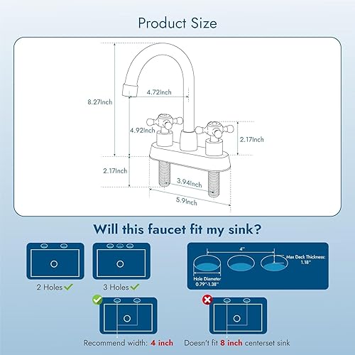 Miniatura 6 de Cinwiny Grifo de baño central de 4 pulgadas, grifo de tocador de doble mango cruzado, boquilla giratoria de 360, grifo mezclador montado en la