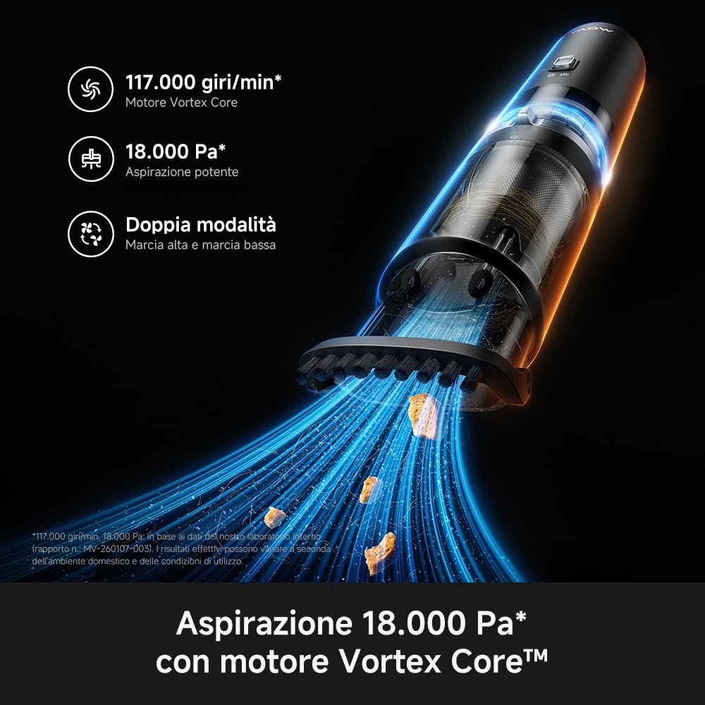 Aspirapolvere Portatile Multifunzionale MOVA H1, 18.000 Pa. 3 In 1 Spia Magnetica, Martello & Torcia Emergenza. 450G, 2 Modalità, filtrazione efficiente. Sicuro fino a 75 °C per ogni pulizia domestica