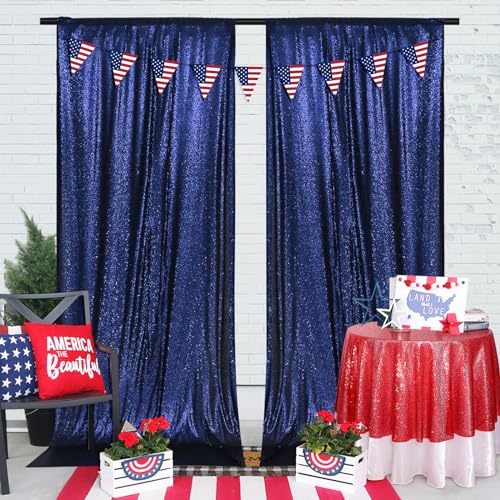Image of PartyDelight Navy Blue Sequin Backdrop Curtains 5x10ft 2 Sparkly Panels | 4 Inch Rod Pocket and stitched 3mm sequins support split hanging for graduations and formal receptions