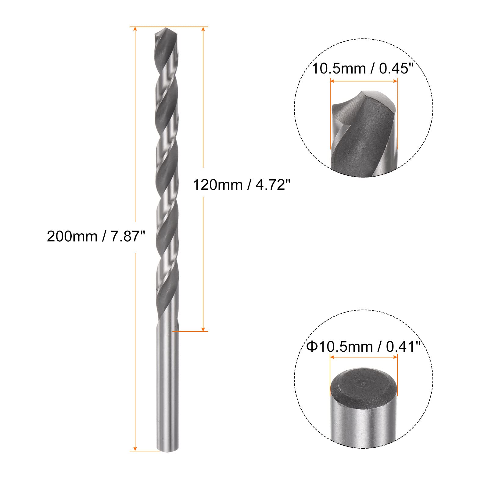 HARFINGTON 6542 High-speed Steel Twist Drill Bit, 10.5mm Drill Bit 200mm Length Extended Straight Shank Black Oxide Ground Drill Bit for Steel Aluminum Alloy