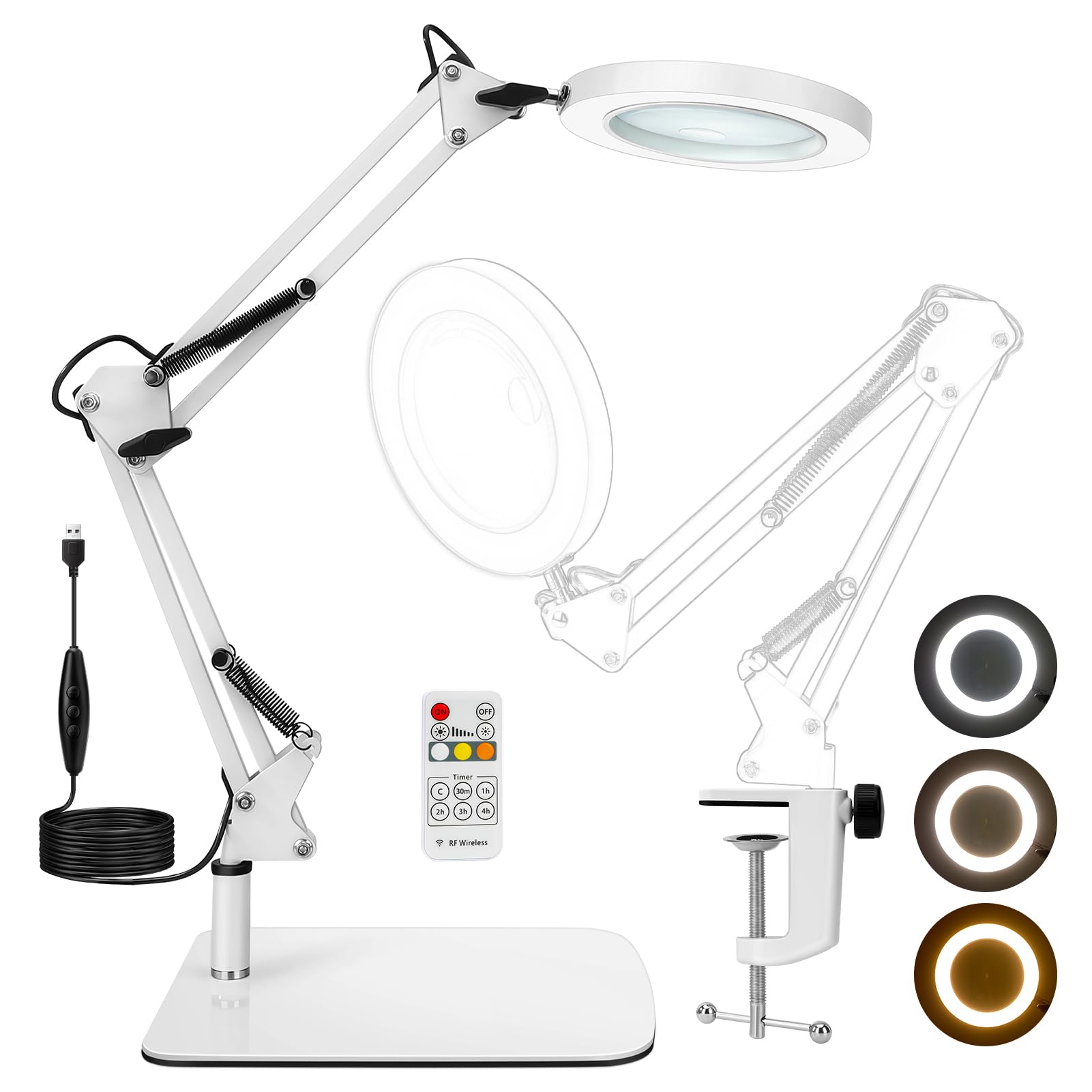 10X Magnifying Glass with Light and Stand Magnifying Desk Lamp & Clamp with 3 Color Modes &10 Adjustable Brightness Magnifying Glasses for Hobbies with Adjustable Swivel Arm & Remote Control