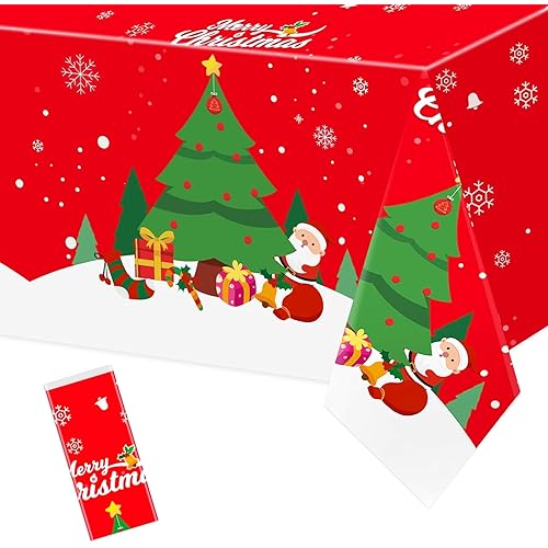 Christmas Plastic Tablecloth 1PC 54” x 108” Disposable Christmas Tablecloth Rectangle Christmas Table Cloth Red Christmas Table Cover Christmas Tablecloth Square Holiday Kids Christmas Birthday Party