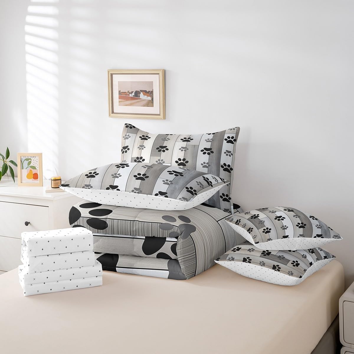 Rustic Farmhouse Reversible 7 Pieces Comforter Set King Size,Dog Paw Print Cute Puppy Animal Bed Sheet Set Gray Beige Wooden Barn Board Bedding Set with Comforter,Fitted & Flat Sheet