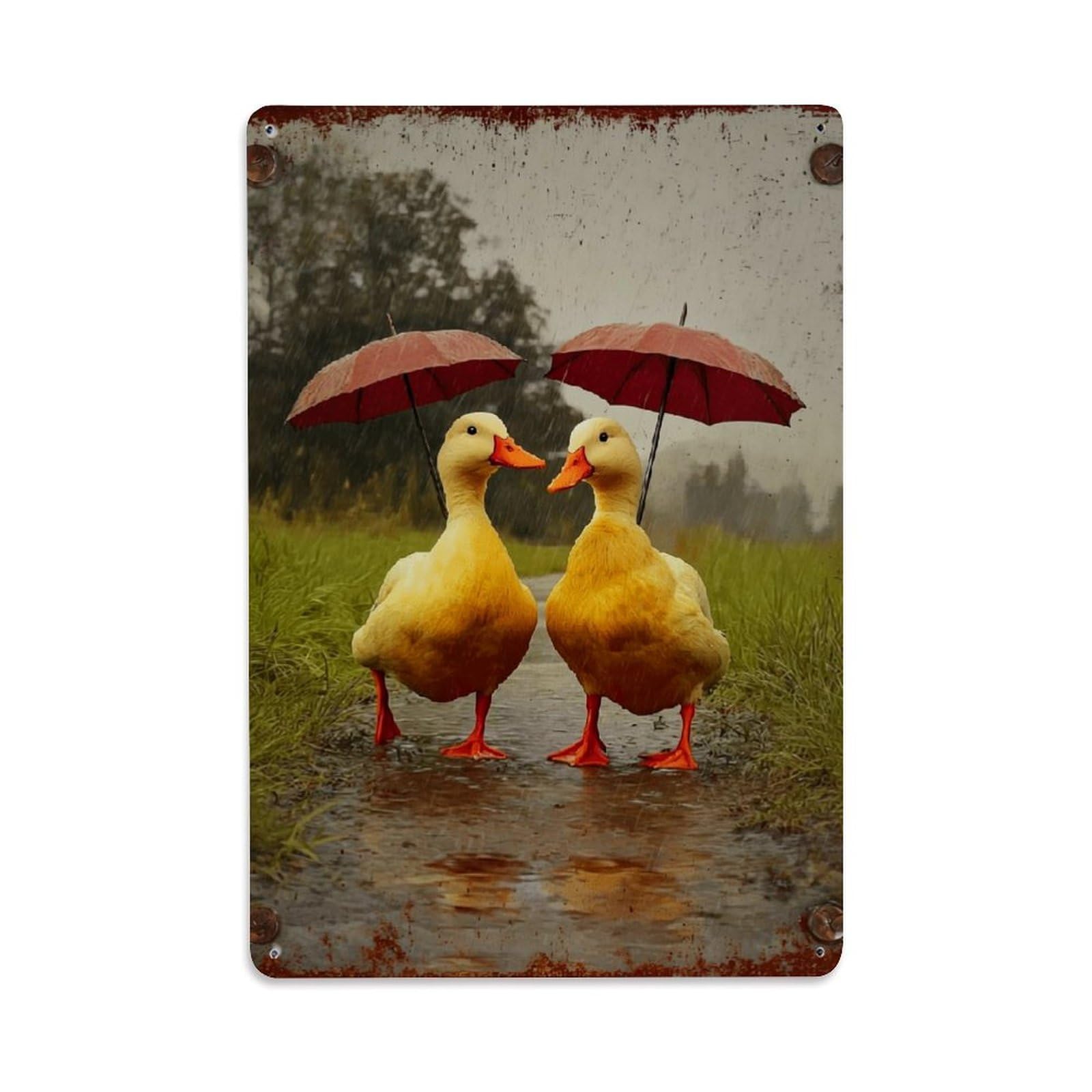 Nestemfo Vintage Two Ducks Holding Red Umbrellas Tin Sign Metal Sign, Living Room,Bar, Home, Bedroom Wall Decor,Retro Metal Poster 8X12 Inches