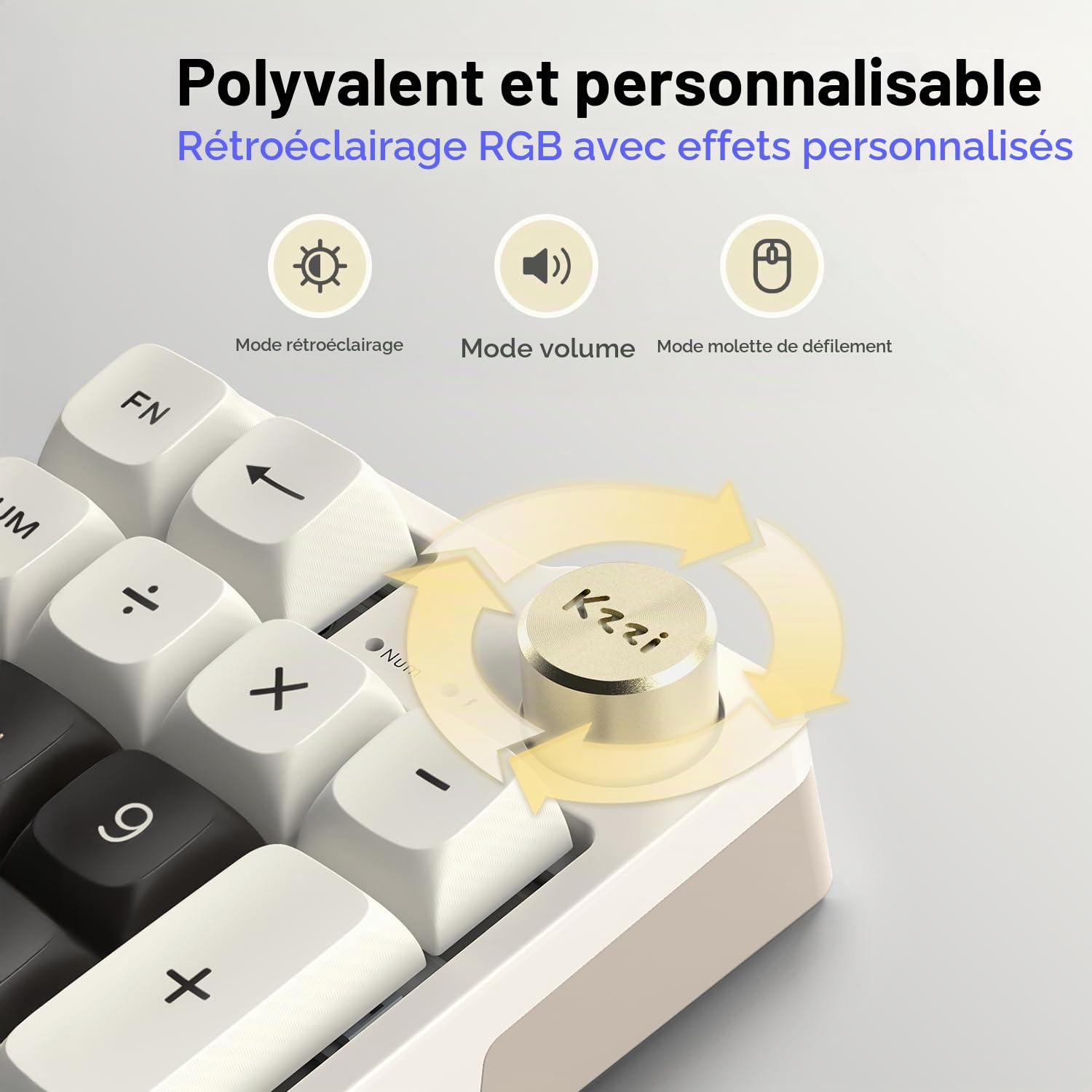 KZZI K20 Pavé numérique mécanique sans Fil – Rechargeable Tri-Mode (BT3.0/2.4G/USB-C), Rétroéclairage RVB, Molette en Aluminium, Échangeable à Chaud – Gris étoilé