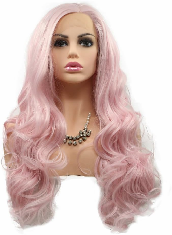 61cm Pre Plucked Baby Pink Synthetic Lace Front Wigs for Women Long Body Wave Pastel Pink Women Wigs Heat Resistant Fiber Hair Drag Queen Wigs
