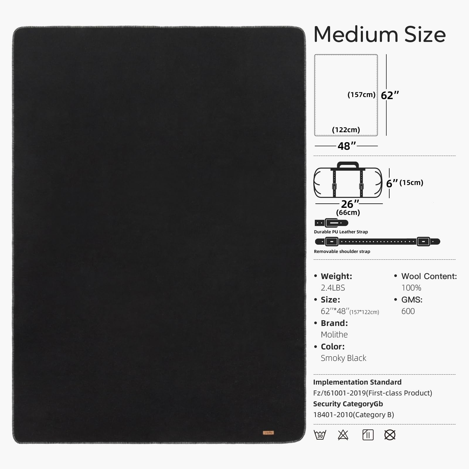 Molithe 100% wełniany koc, 122 x 157,5 cm, ciepły, gruby, nadaje się do prania, wojskowy koc wełniany, idealny na kemping, na zewnątrz, imprezy sportowe, zestawy survivalowe