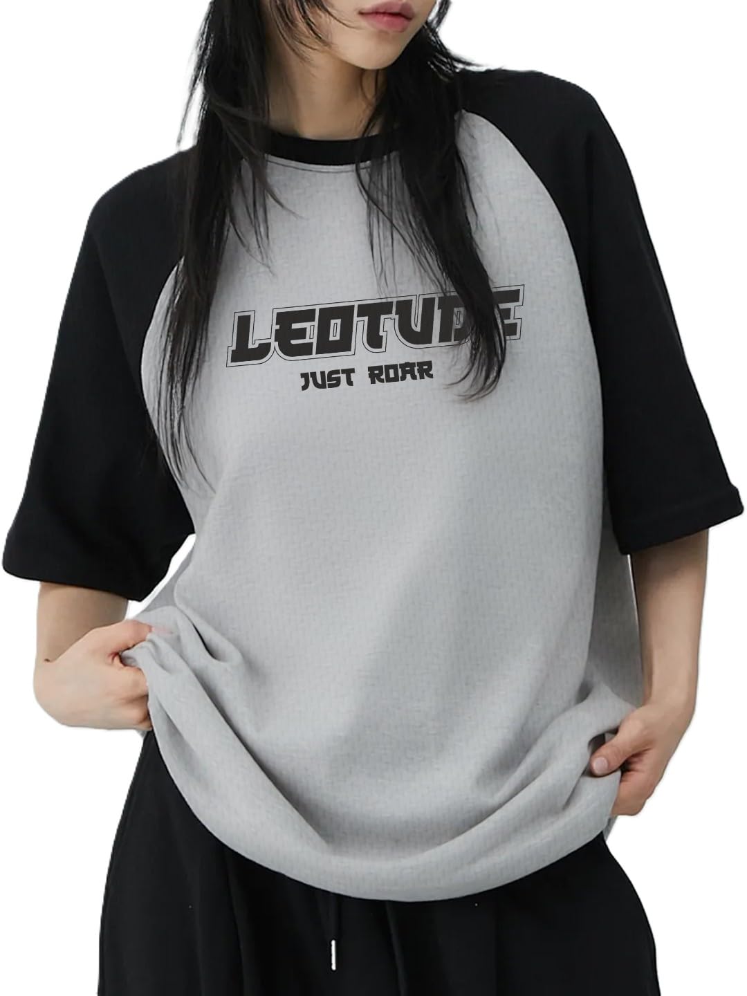 leotude Half Sleeve Oversized Tshirt for Women, Round Neck Longline Printed Multicolour Drop Shoulder Baggie T-Shirt (Color Gray)-picture-28