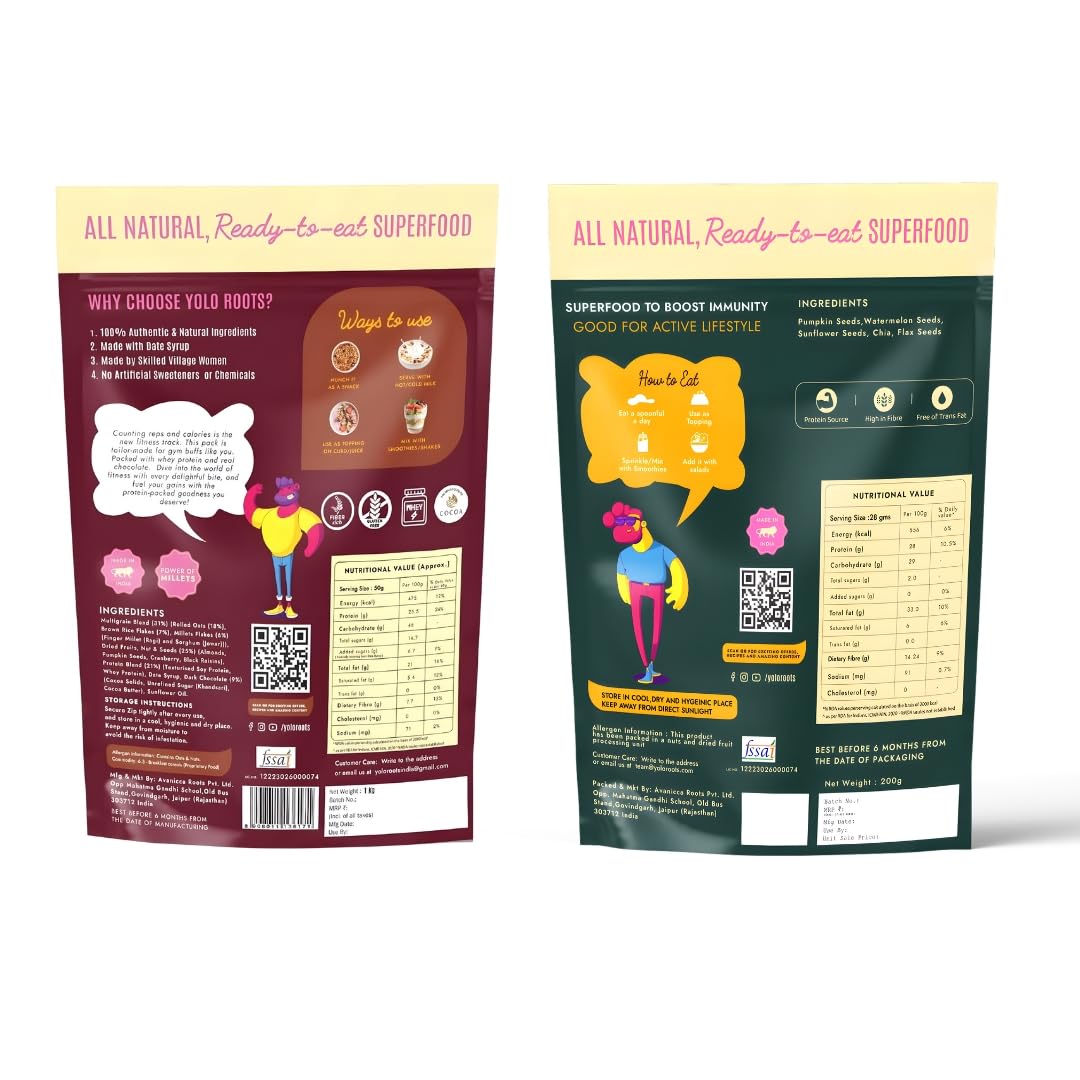 Yolo Roots 5-in-1 Seed Mix 200g + Whey Dark Chocolate Muesli 400g Combo | Super Seeds & 17% Whey Protein | No Added Sugar Pack of 2 1