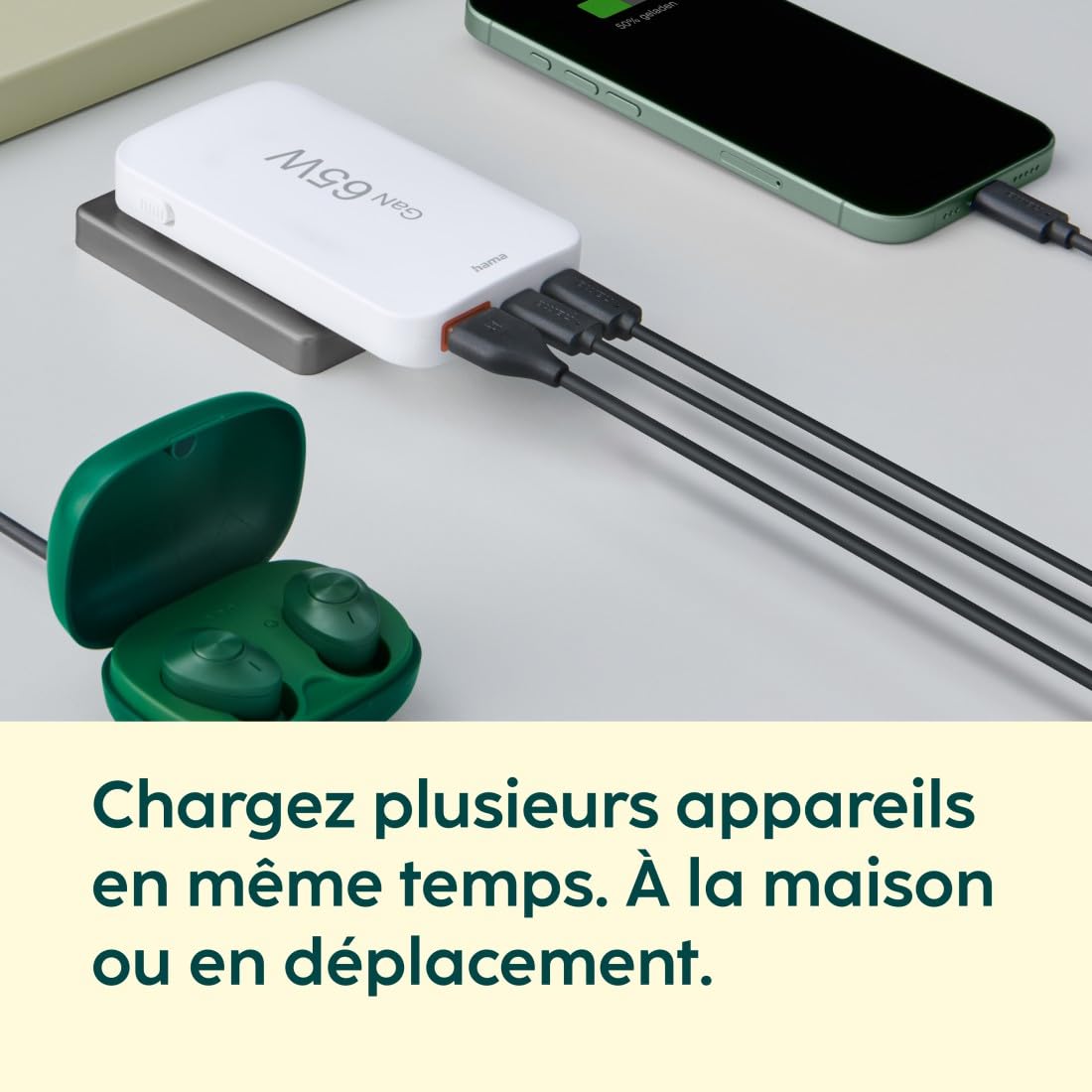 Hama Chargeur Rapide USB-C 65W GaN 3 Ports, sur Secteur, 2X USB-C 65W, 1x USB-A 18W, Mini-Chargeur PD Ultra Plat, Compact et Pliable, Qualcomm Quick Charge, pour PC, Smartphone, Tablette, Blanc