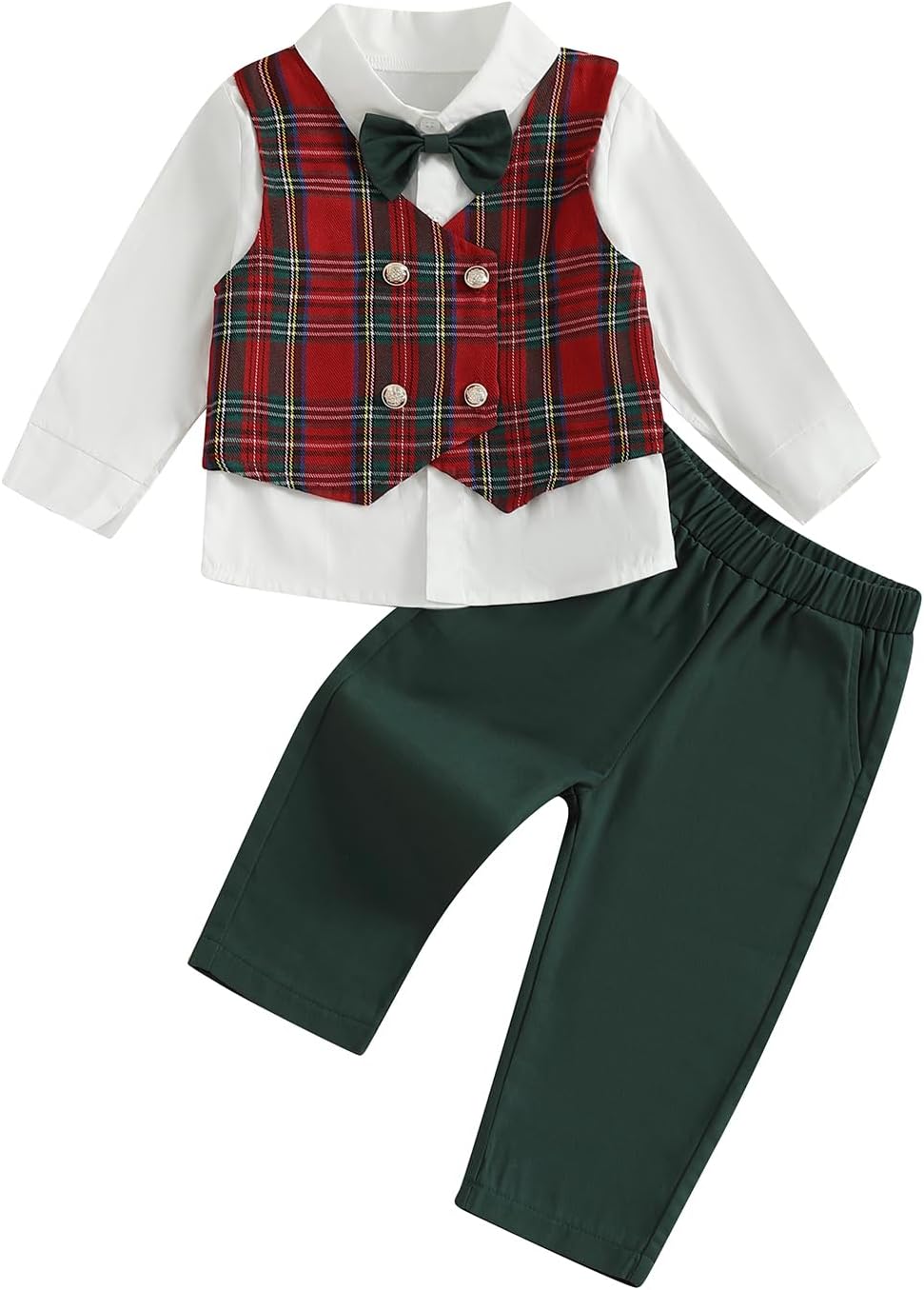 Toddler Boy Suit Christmas Gentleman Outfit Bow Tie Plaid Vest Button Down Shirt Elastic Pants Xmas Formal Outfits