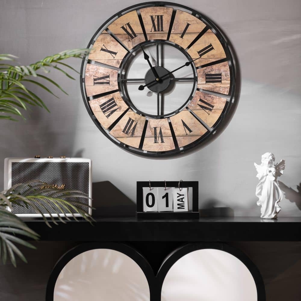 K&L Wall Art Reloj de pared grande vintage, metal y palé, sin ruido de tictac, moderno XL, números romanos (metal, aspecto de madera, 50 cm, madera antigua)