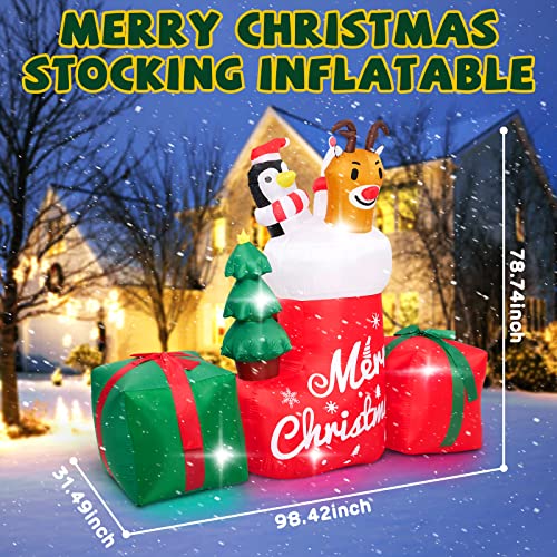 8FT Christmas Inflatable Outdoor Decoration,Inflatable Animal in Xmas Stocking with Gift Box,Lighted Blow Up Animal Standing on Christmas Socks with LED Lights for Christmas Outdoor,Yard Decorations