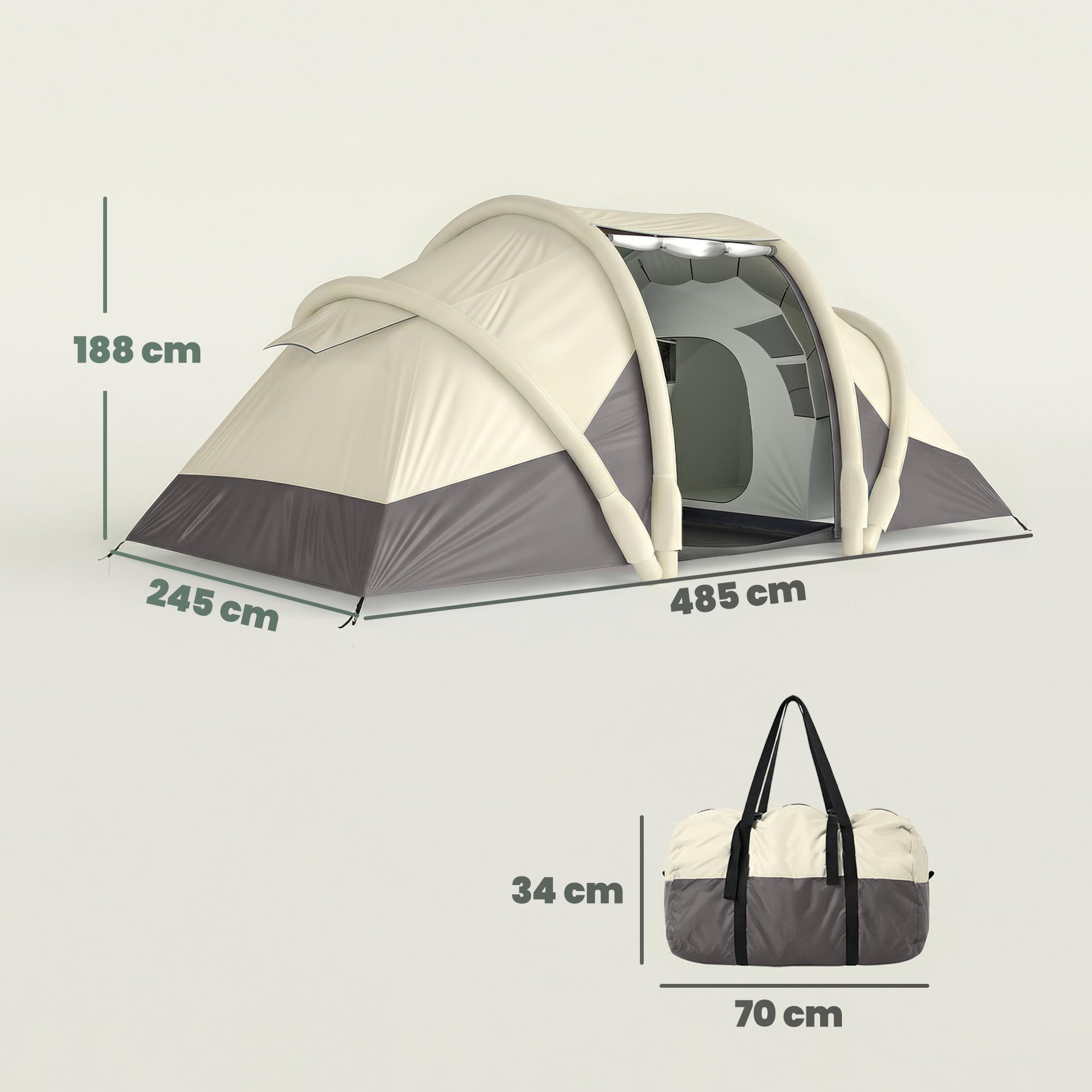 Outsunny Tente de Camping Gonflable 2-4 Personnes avec Pompe, 2 Chambres et Séjour - Tente Tunnel Familiale Imperméable 3000mm - 4,85m avec Valve de Décharge et Auvent, pour Camping, Gris