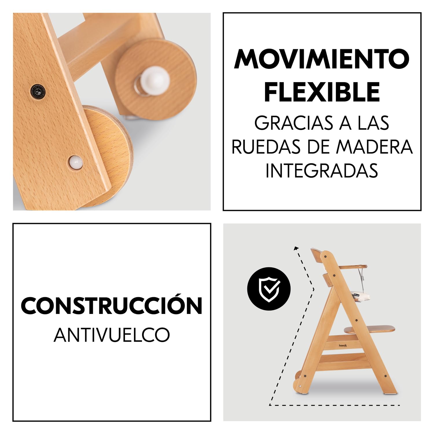 hauck Beta Plus Trona Evolutiva Madera con Certificado FSC® Cojín y Bandeja, Trona Bebe Evolutiva a partir de 6 Meses con Arnés de Seguridad y Ruedas, Sistema Antivuelco, Natural