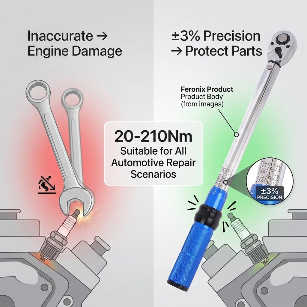 72-Tooth 1/2 Inch Drive Adjustable Click Torque Wrench, 20-210 Nm Torque Range, ±3% High Precision CR-V Steel for Automotive, Motorcycle Repair, Home DIY & Industrial Use