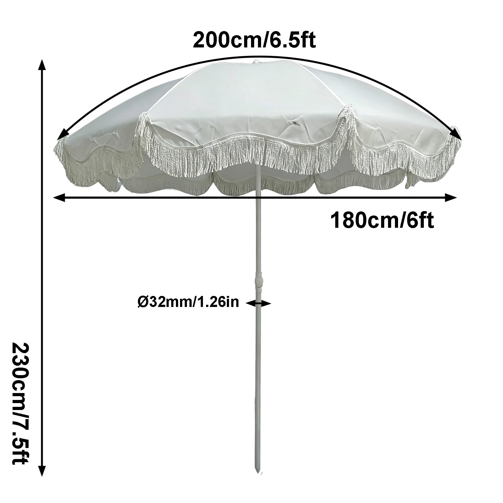 Biały Boho Parasol Ogrodowy 200 cm z Frędzlami, z Ochroną Przed Promieniowaniem UV, na Tarasie, Basenie