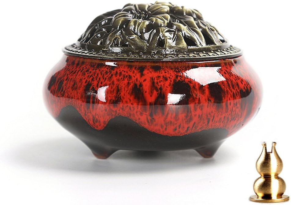 Guwheat Porcelain Incense Holder Burner (Stick/Cone/Coil Incense) Ceramic Ash Catcher Tray Bowl with Brass Calabash Incense Stick Holder (Red Fambe)