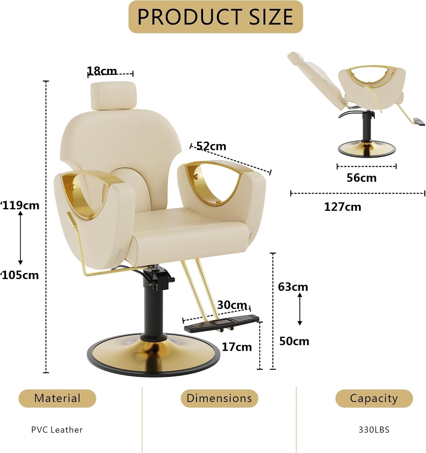Drmilito Poltrona da Parrucchiere Sedia da Barbiere Reclinabile 90°-135° con Regolabile Poggiatesta Schienale Altezza,Girevole a 360°,per Parrucchiere Salone di Bellezza Tatuaggi (Beige) - 3