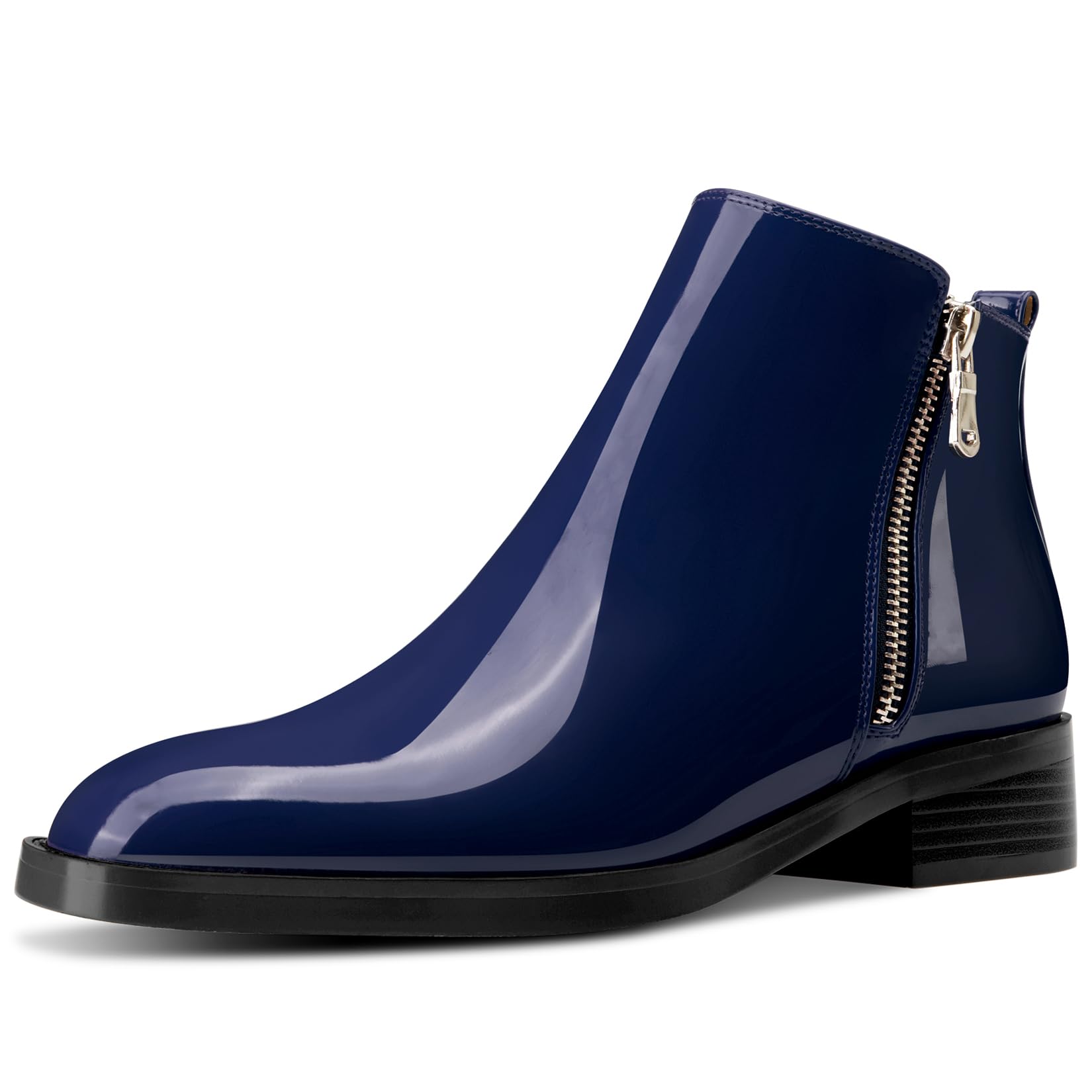Saekcted Womens Chunky Block Low Heel Square Toe Ankle Boots Short Bootie Slip-on Zipper Office Basic Classic Patent