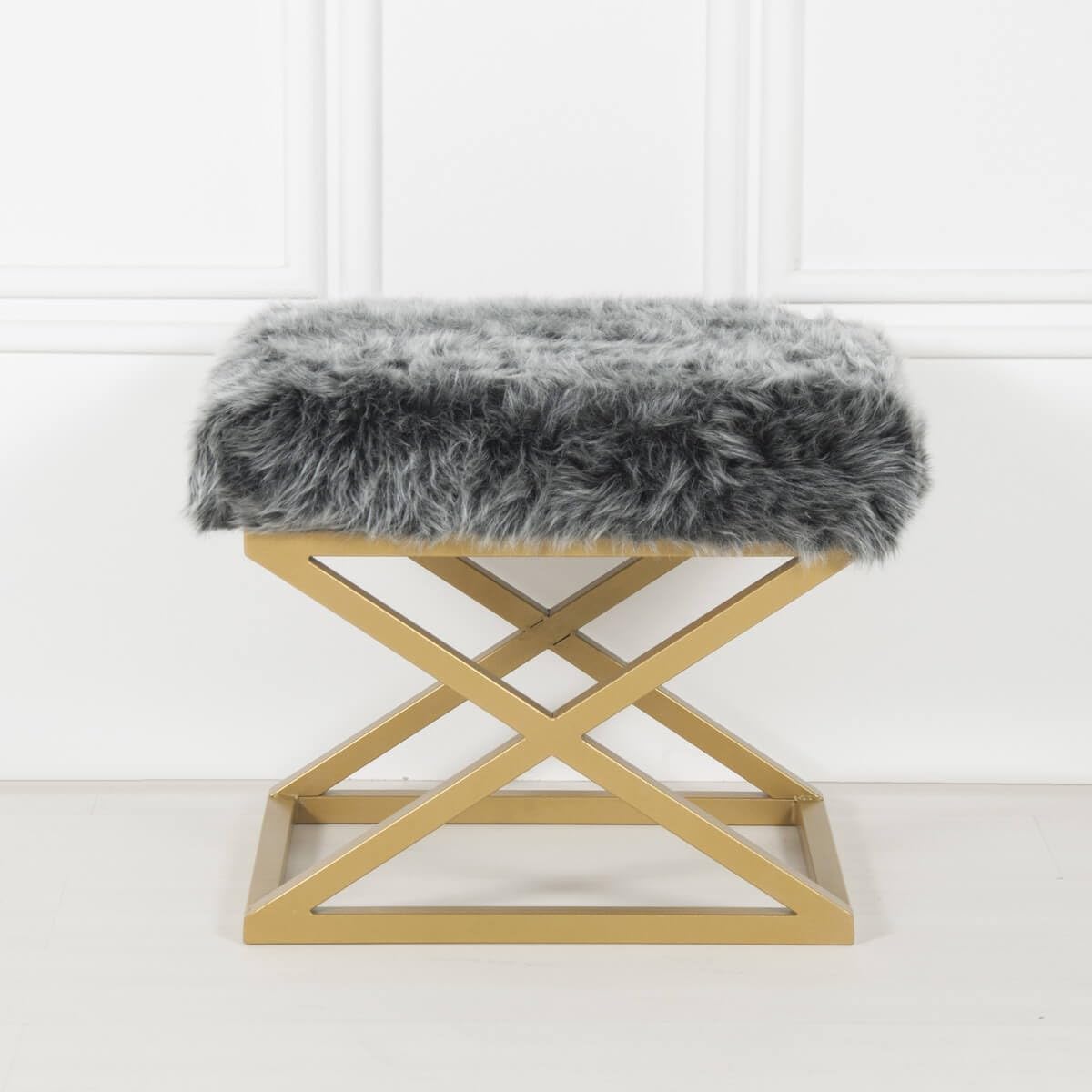 Pouf assise grise et pieds en métal doré 50x42x40 cm