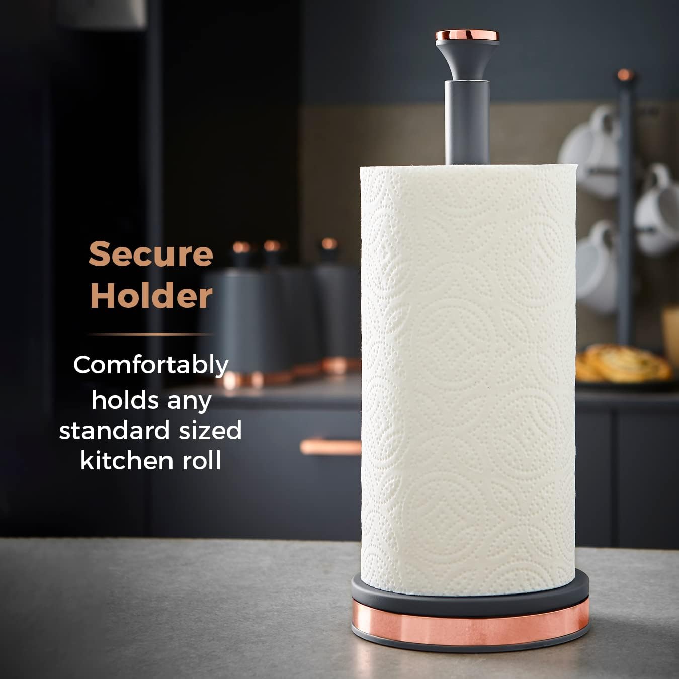 Tower T826133GRY Cavaletto Towel Pole Kitchen Roll Holder with Soft Underliner, Grey and Rose Gold