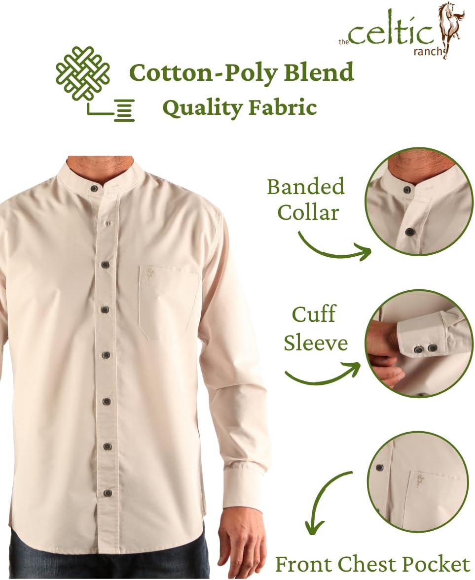 Traditional Irish Grandfather Shirt, Men's Casual Long Sleeve Button Down Poplin Style Dress Shirt with Band Collar - Image 2