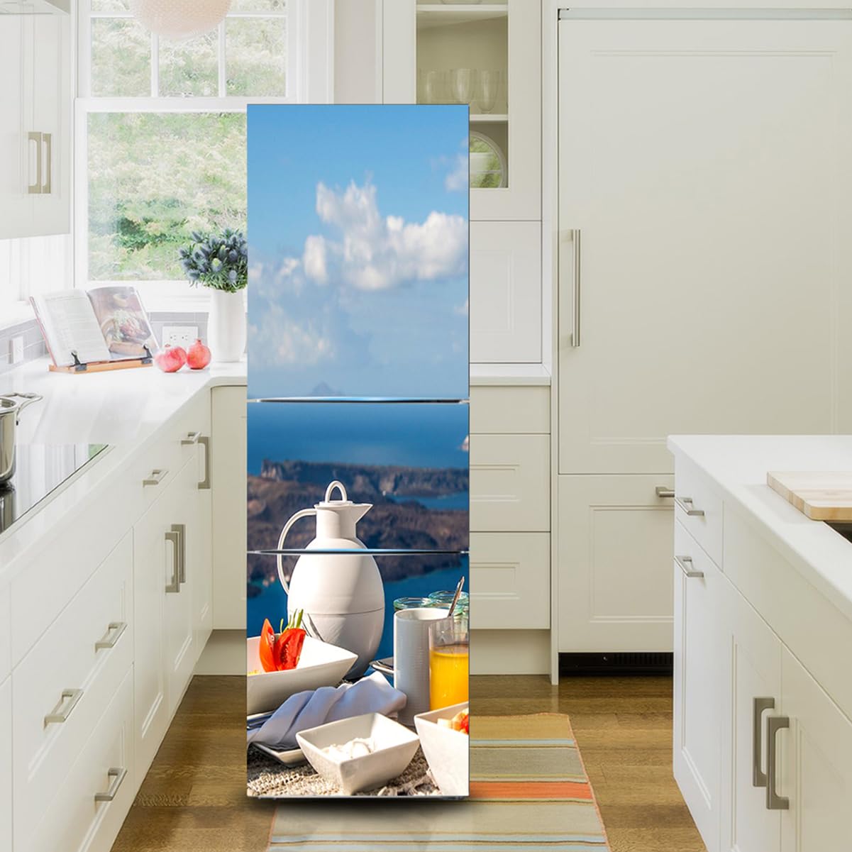 Fridge Sticker, Fridge Sticker Full Covering Door Covers Decor, Freezer Skins Wall Stickers for Kitchen Decal, Mediterranean Scenery Terrace Table(S: 60x150 cm)