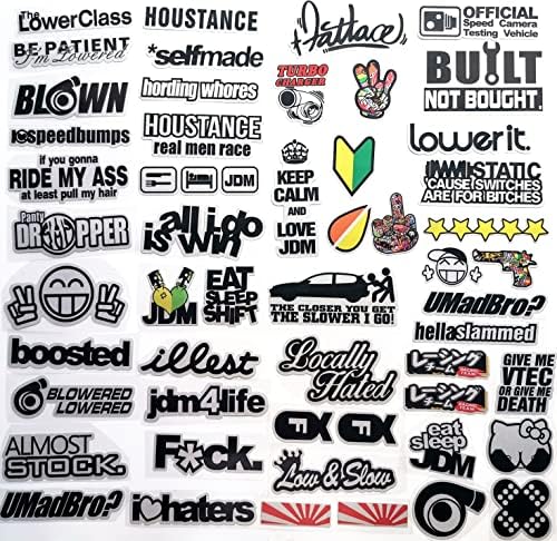 HiroKun 57 Pcs JDM Cars Decal Racing Decal JDM Motors Funny Car Stickers Racing for Car Bumber Motorcycle Decals Graphics Race Drift