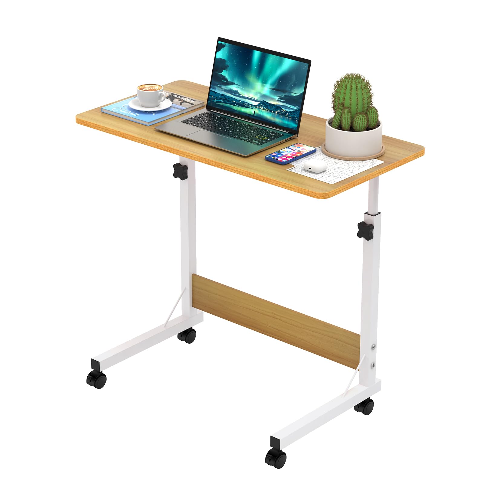 Table Roulante Réglable Hauteur 62-90cm 80x40cm, 4 Roues Verrouillables pour Lit Canapé Bureau Mobile Bois